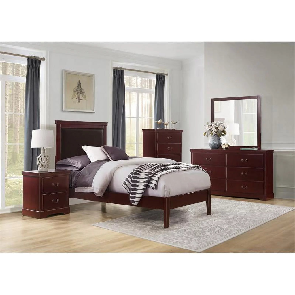 Cherry Wood and Faux Leather Twin Bed C373