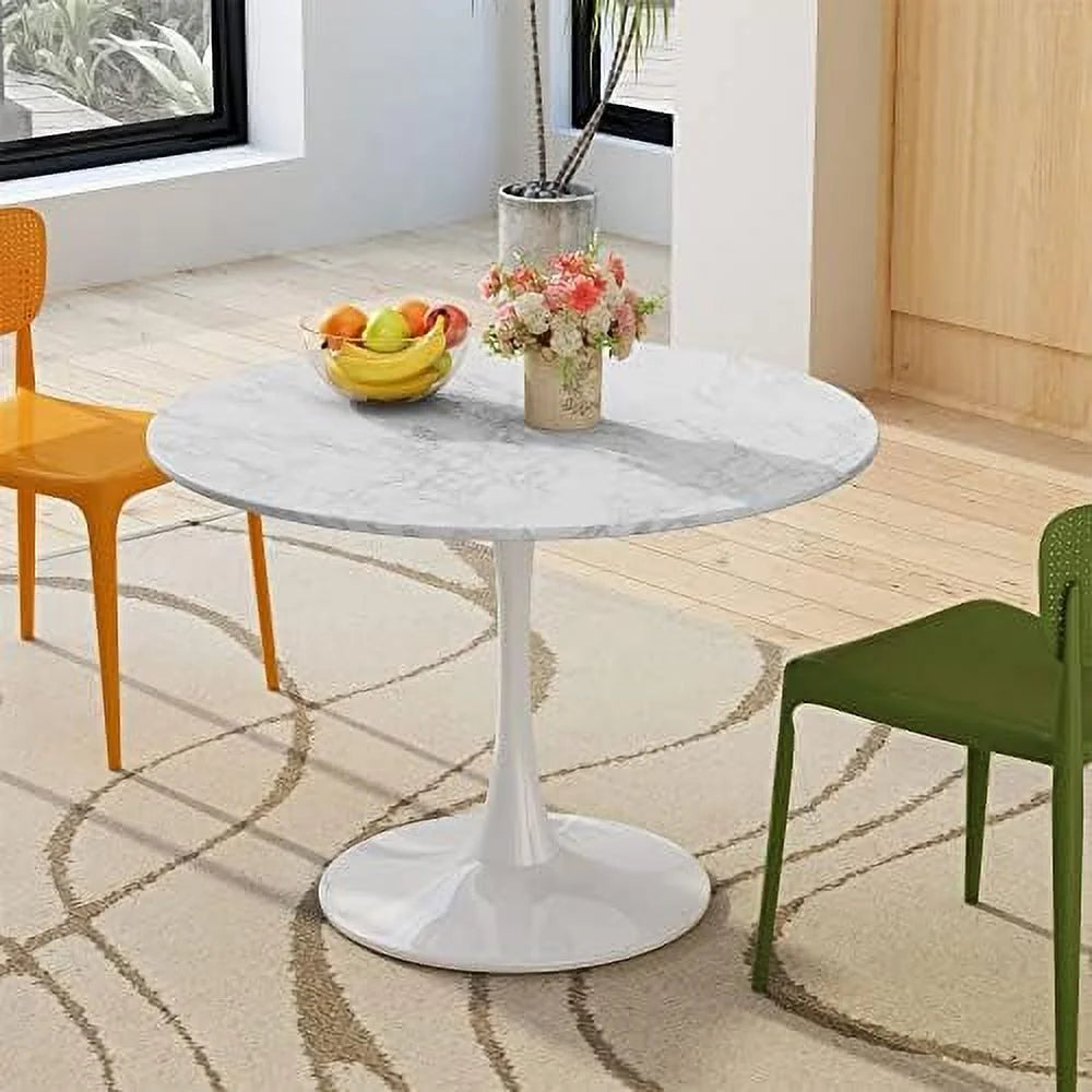 32" Round Dining Table with Printed Marble Table Top Metal Base Pedestal Table L34262