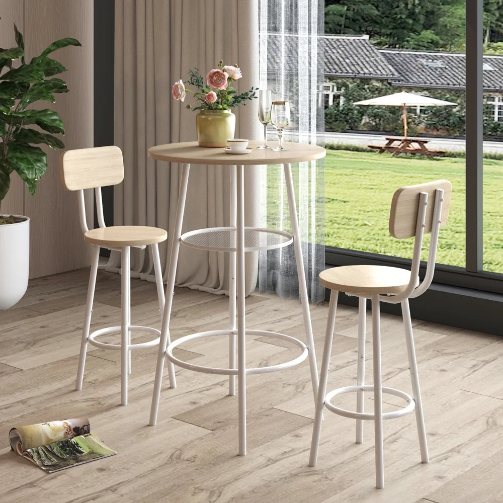 3 Piece Bar Height Pub Table and Stools Set White Oak V318