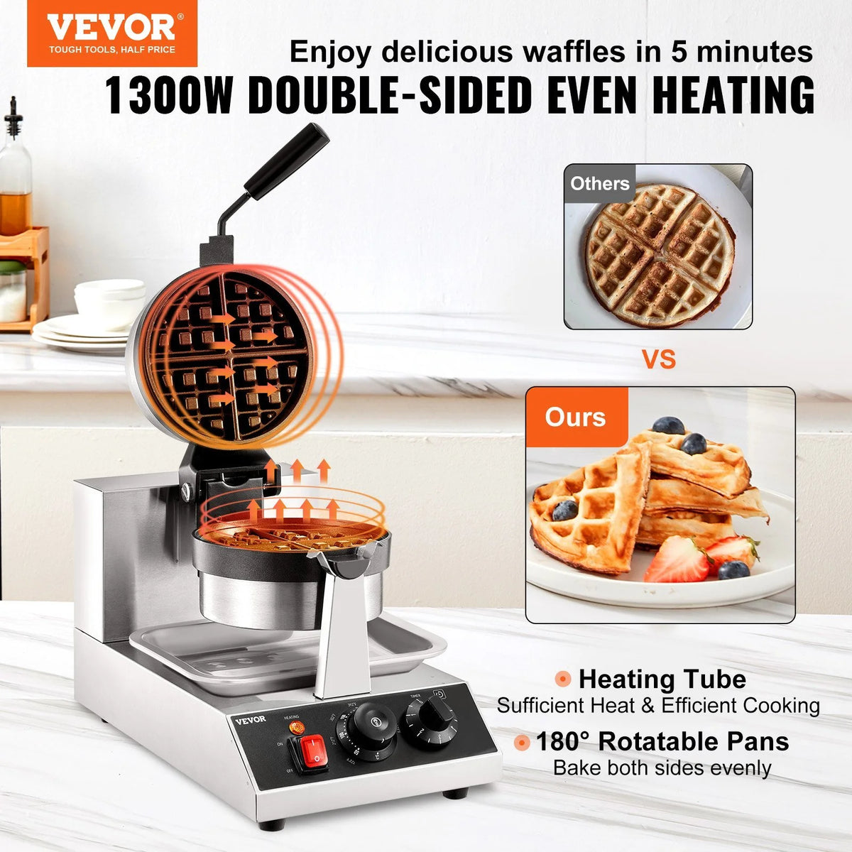 Round Waffle Maker 1300W Non-Stick Waffle Iron R33969