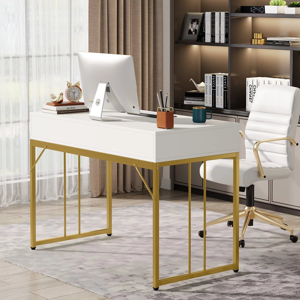 White and Gold Computer Writing Desk with 2 Drawers J423261
