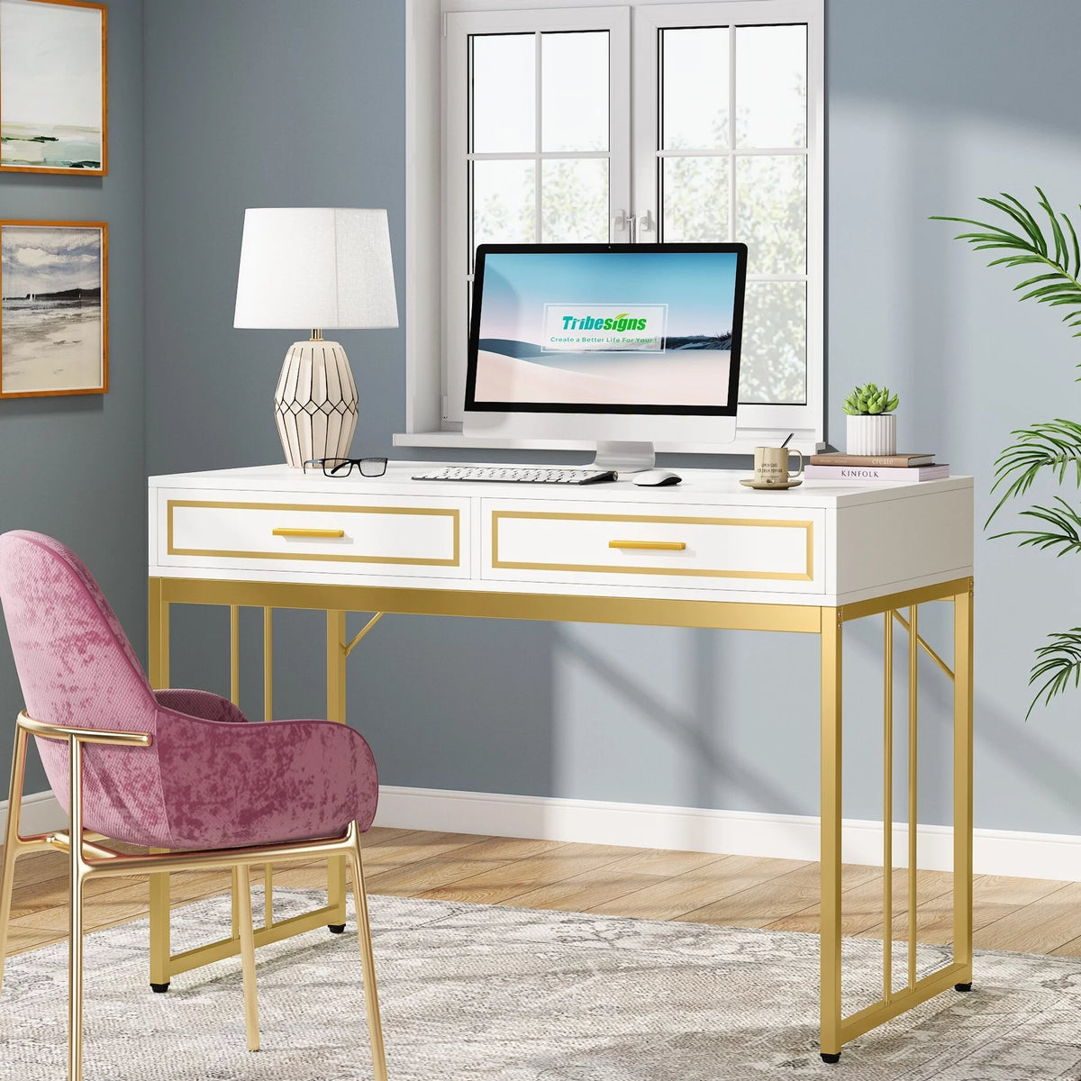 White and Gold Computer Writing Desk with 2 Drawers J423261