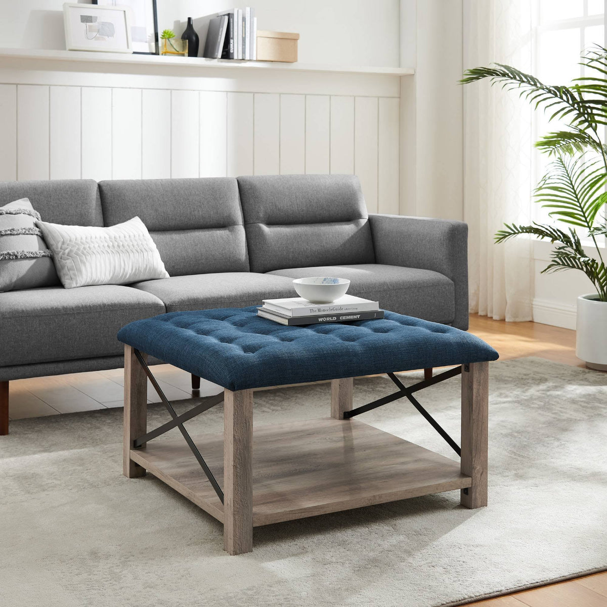 Rustic Farmhouse Tufted Ottoman Blue Z78005