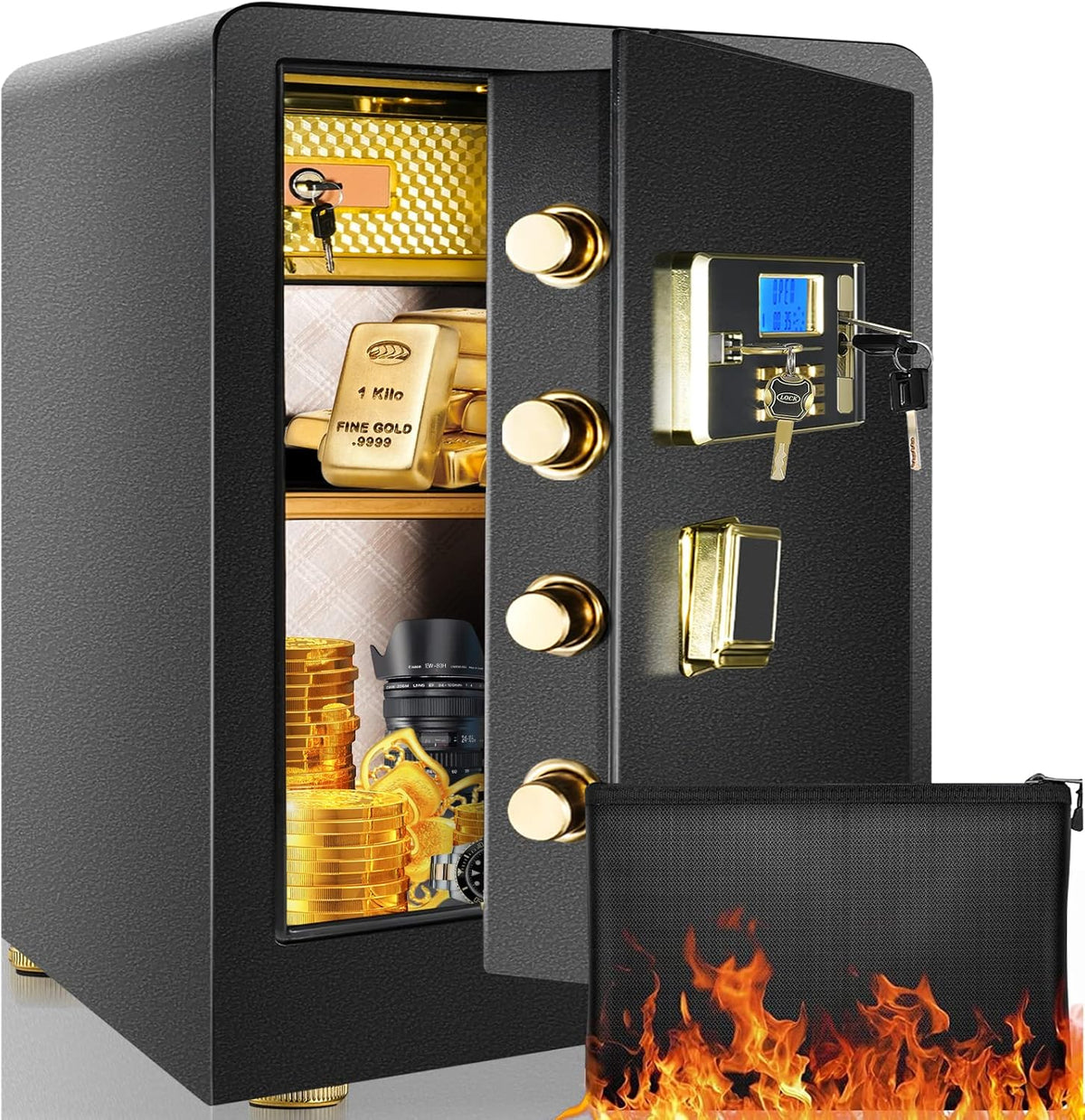 Fireproof Safe with LCD Screen and Digital Keypad, White, 1.0 Cubic Feet T60202