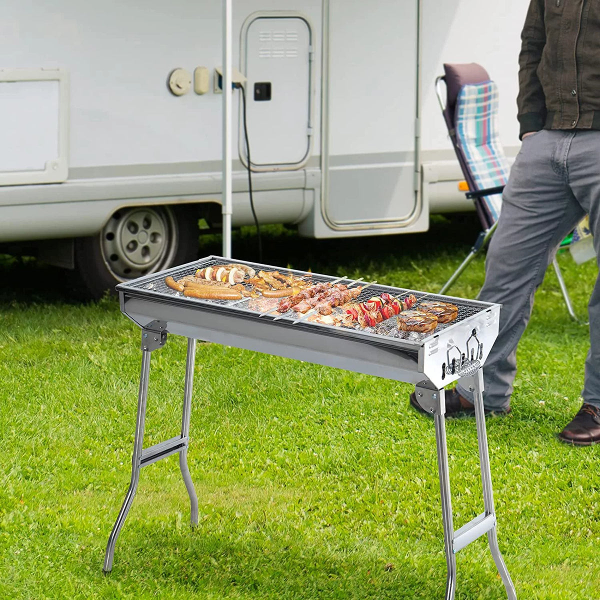 28" Stainless Steel Portable Folding Charcoal BBQ Grill Set Y14180