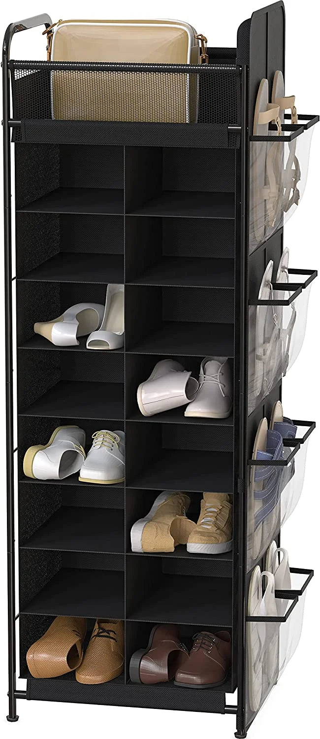 Black 20-Pair Shoe Stand Tower Rack with Side Hanging Bag M492