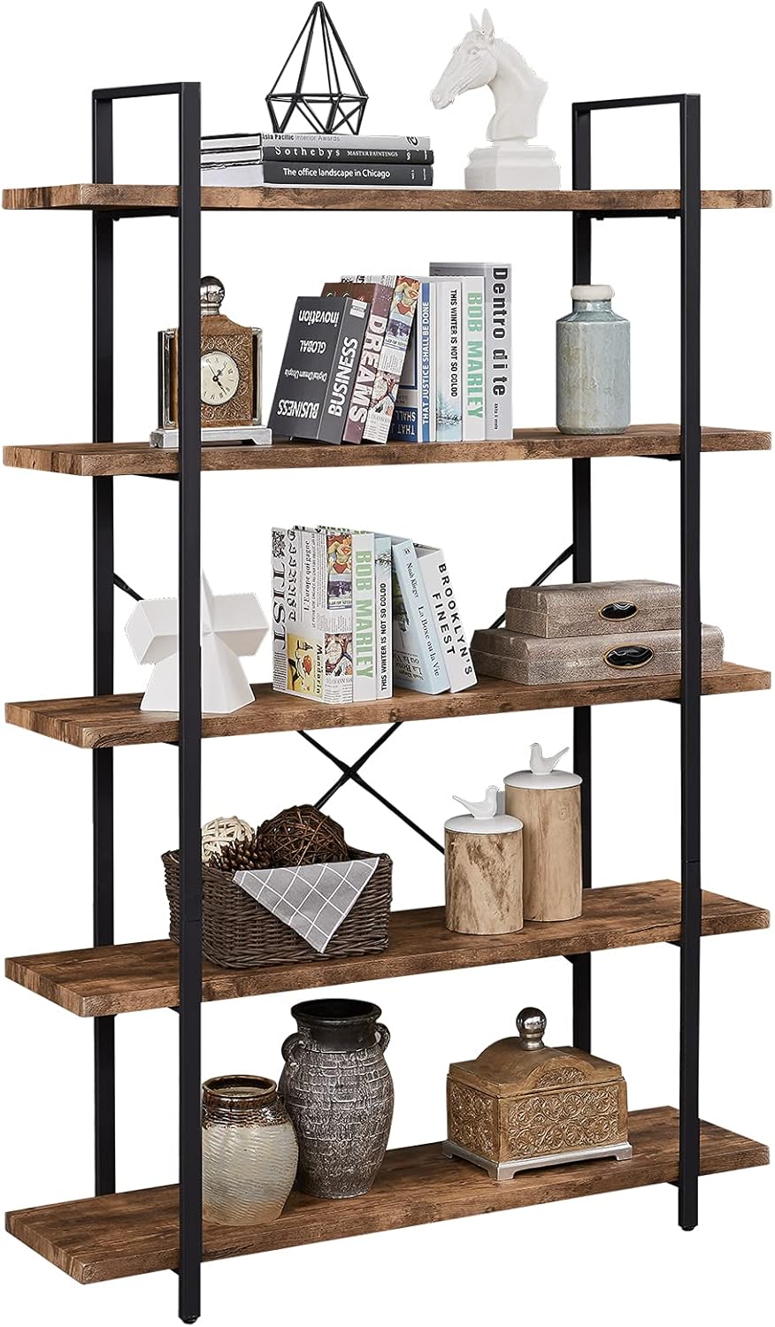 Distressed Brown 5-Shelf Metal Frame Bookshelf T63356