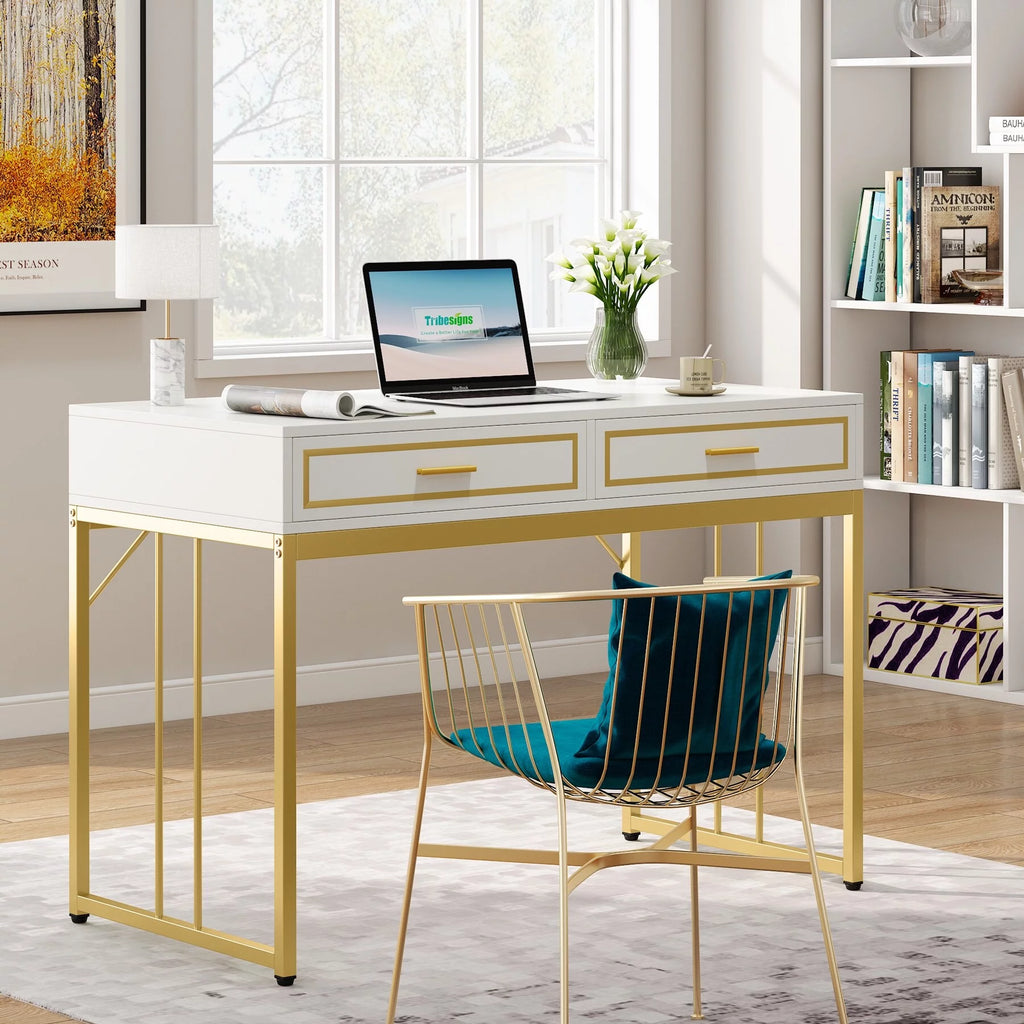 White and Gold Computer Writing Desk with 2 Drawers J423261