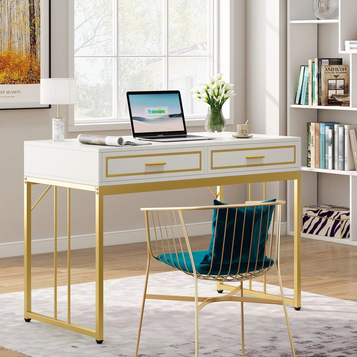 White and Gold Computer Writing Desk with 2 Drawers J423261