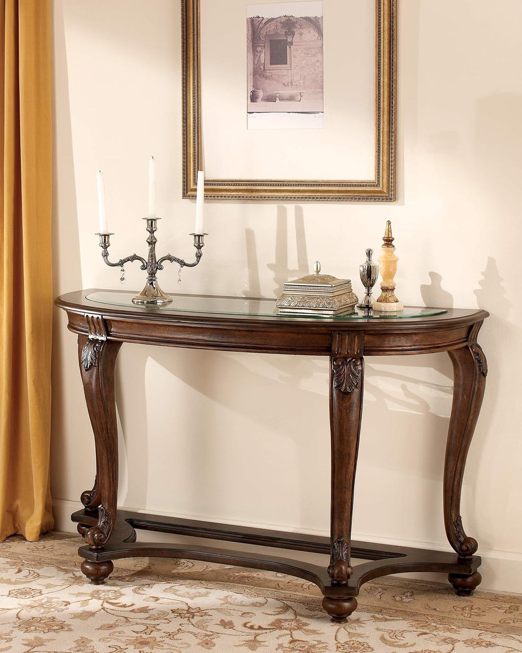 Dark Brown Glass Top Semi-Circle Sofa Table R19204
